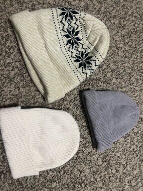 Set of 3 Knit Beanies - Cream, White & Light Gray (different styles)